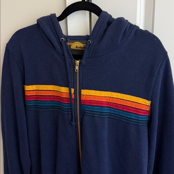 Aviator Nation Navy Blue Hooded Sweater with Multicolor Stripes sz Large - Picture 14 of 14